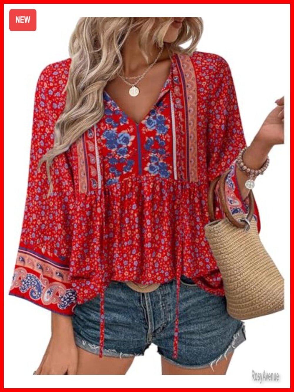 Women's Boho 3/4 Sleeve V-Neck Rayon Blouse Tie Front Floral Peasant Top